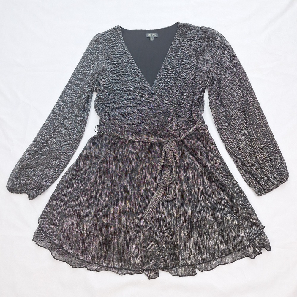 Lily Rose Wrap Dress Womens Medium Metallic‎ Silver Black Tiered Sparkle Y2K